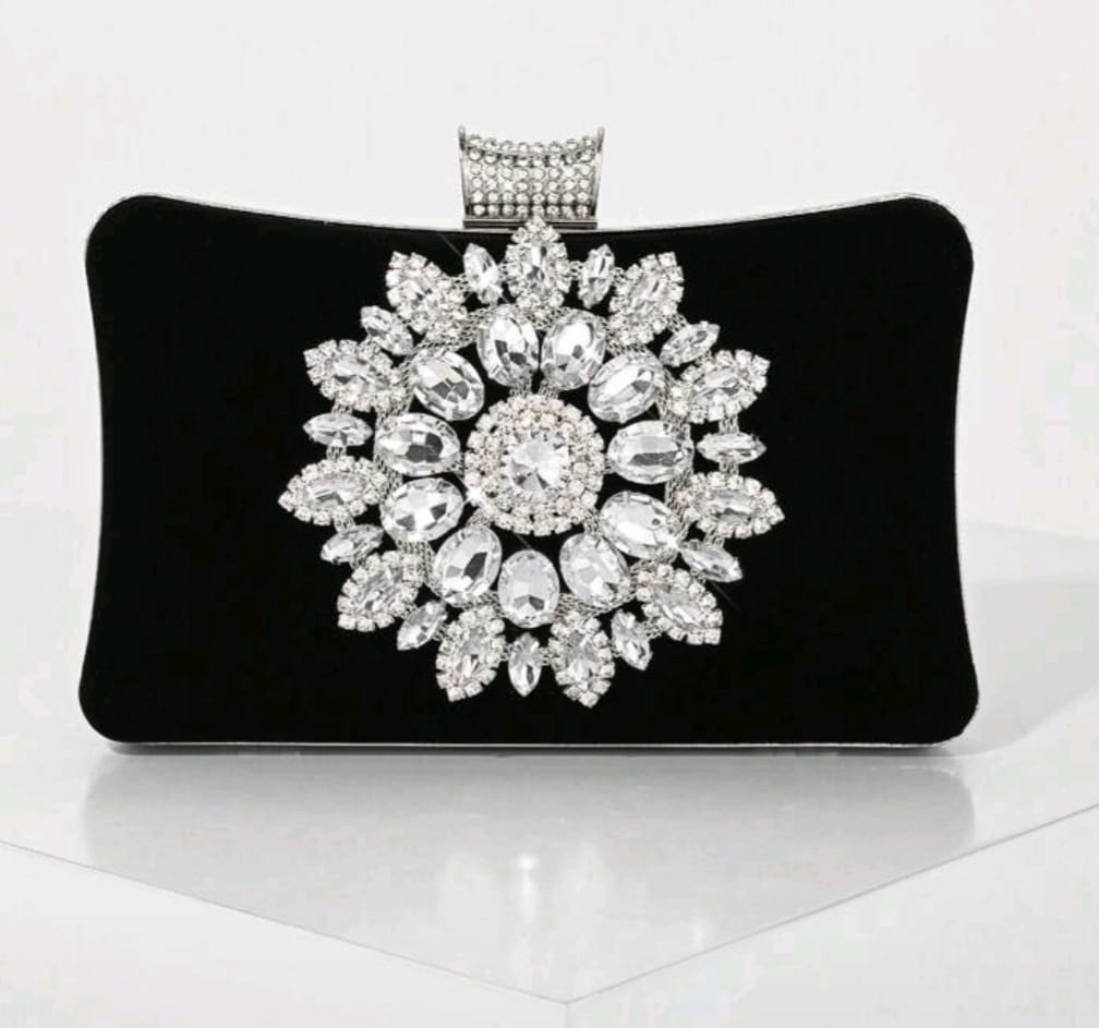 Black evening clutch with crystal flower detail- Pre Order