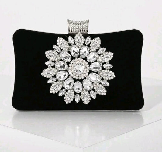 Black evening clutch with crystal flower detail- Pre Order