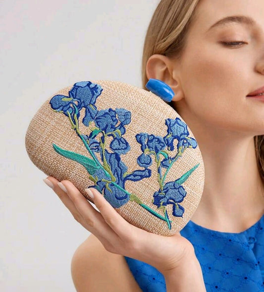 Cream Straw Clutch with Blue Embroidery detail