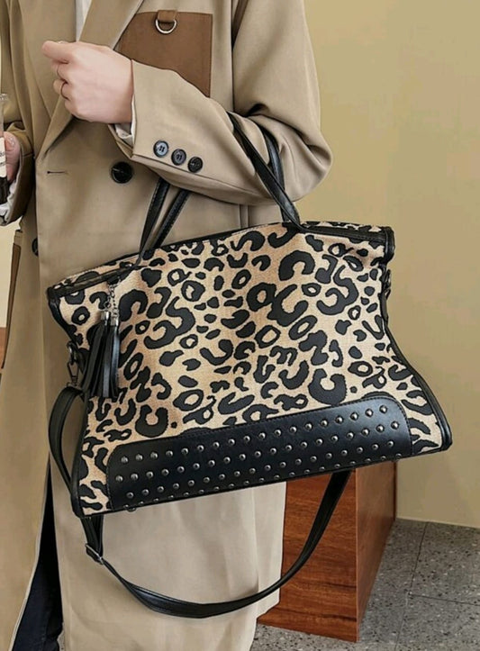 Leopard Print Handbag with studs and tassel detail