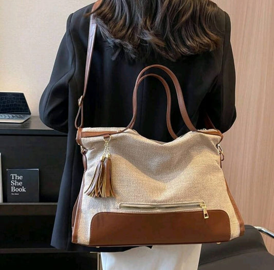 Cream and Brown handbag with tassel detail