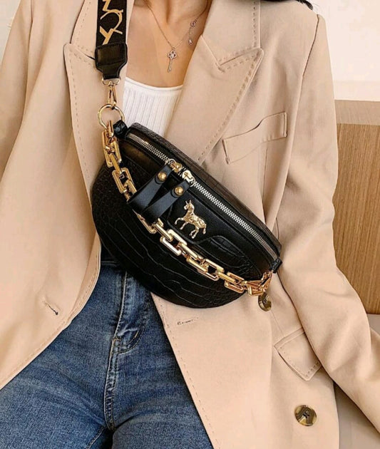 Black And Gold Crossbody Bag With Gold Chain