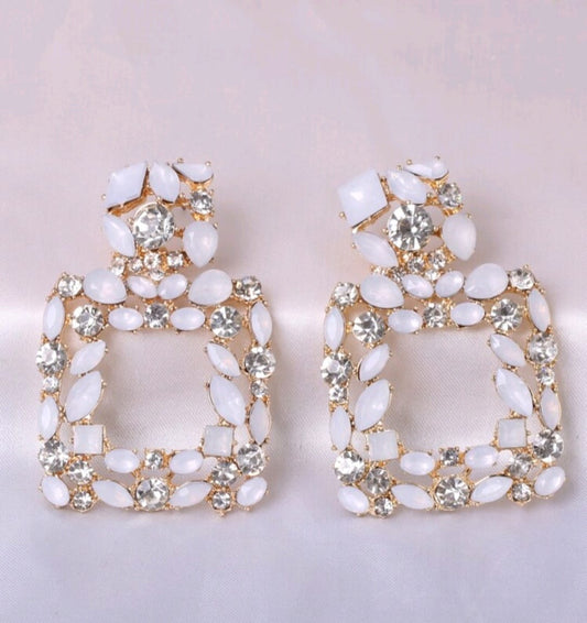 White And Silver Diamond Square Earrings