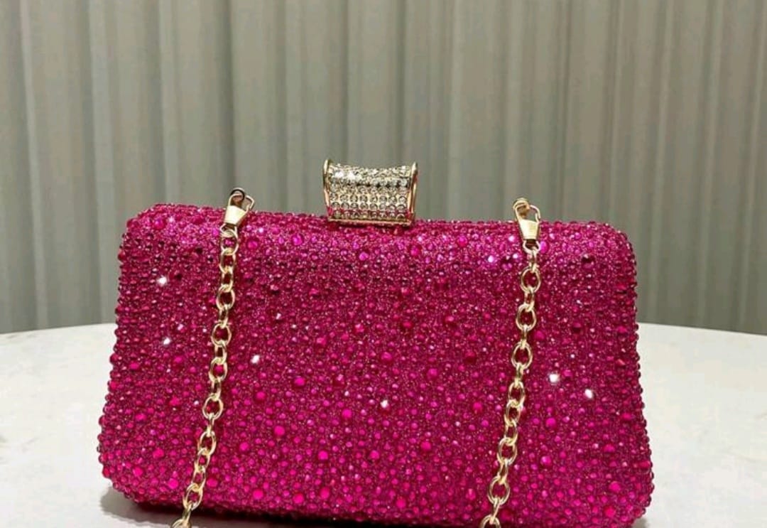Cerise Pink Diamond Drop Clutch With Chain