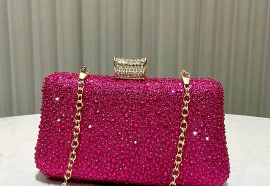 Cerise Pink Diamond Drop Clutch With Chain