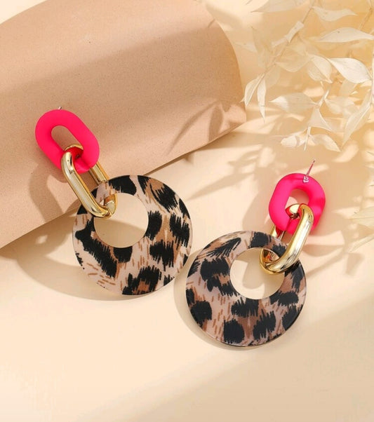 Pink and Leopard Print Hooped Earrings